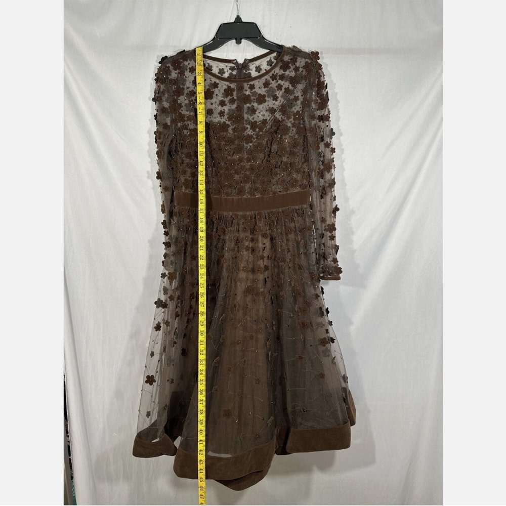 NWT Mac Duggal [ 10 ] Floral High Neck Long Sleeve Fit Flare Dress‎ Coffee Brown - Picture 12 of 15